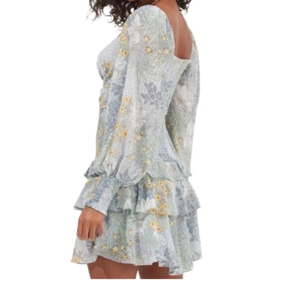 ASTR The Label Marietta Mini Dress Sky Blue Floral Ruffle Long Sleeve smocked XS - Picture 3 of 12